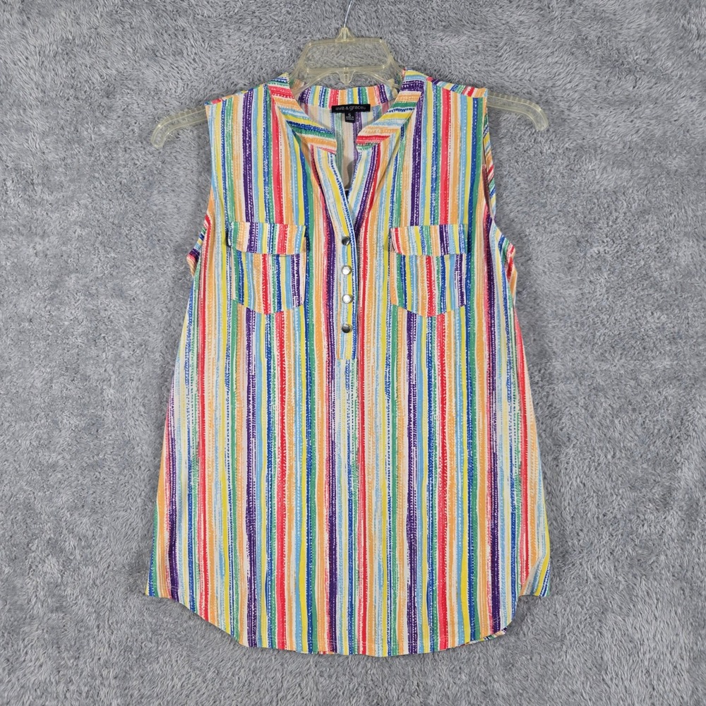 Ava & Grace Womens Small Rainbow Stripe Sleeveless Blouse Button Split Neck Top